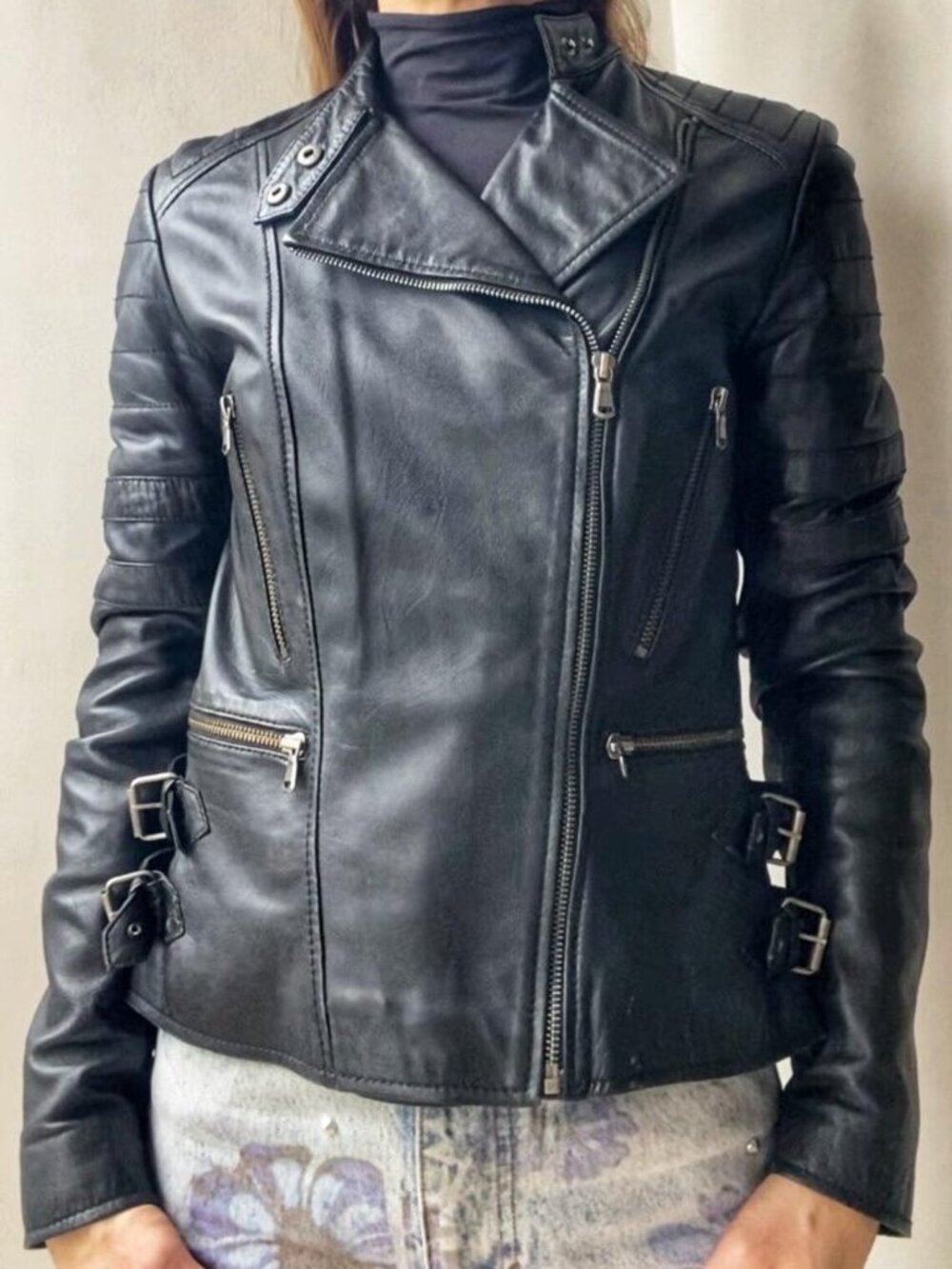 Y2K Danier Black Leather Biker Jacket, Size XS